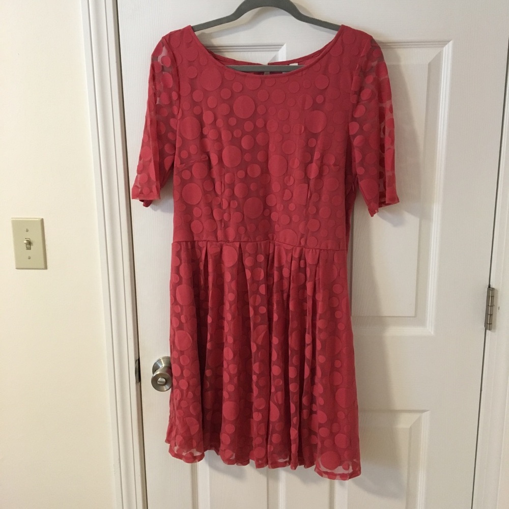 Raspberry, 3/4” sleeve, knee length dress.